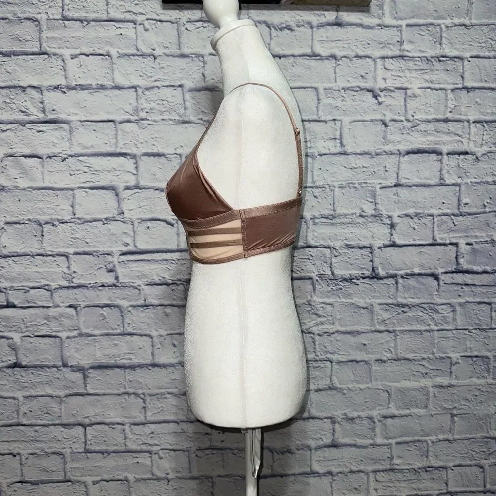 Victoria Secret Bra Strappy Mesh nude long line Satin beige sheer bralette Small